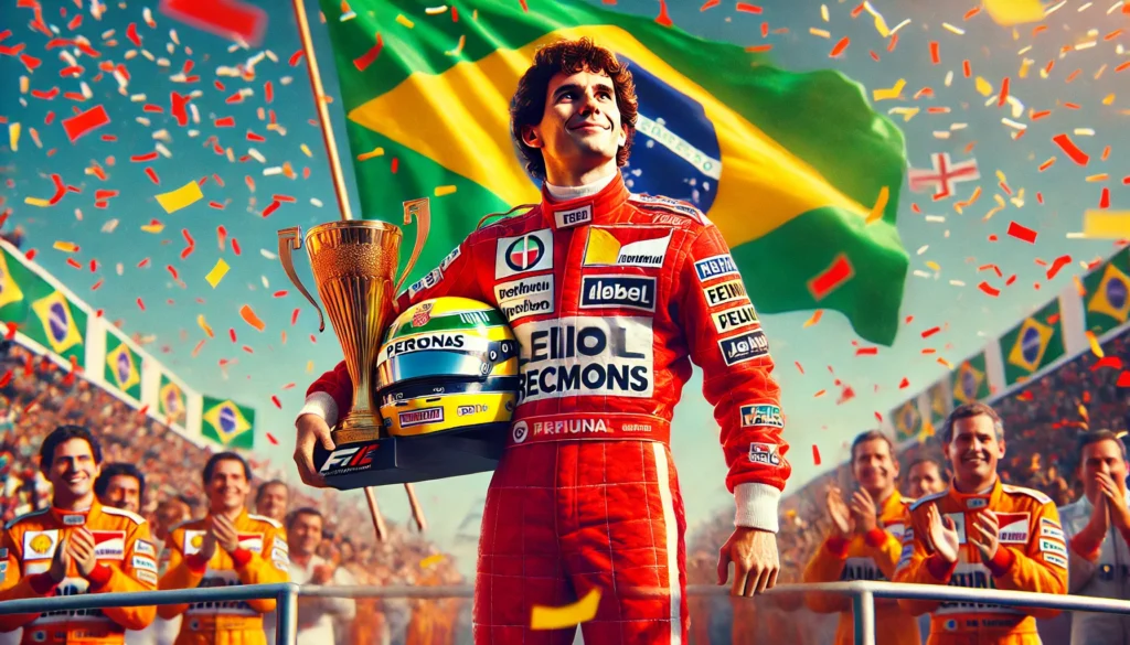 Ayrton Senna triunfante em um pódio de Fórmula 1 após uma vitória de corrida vestindo seu icônico macacão vermelho de corrida.